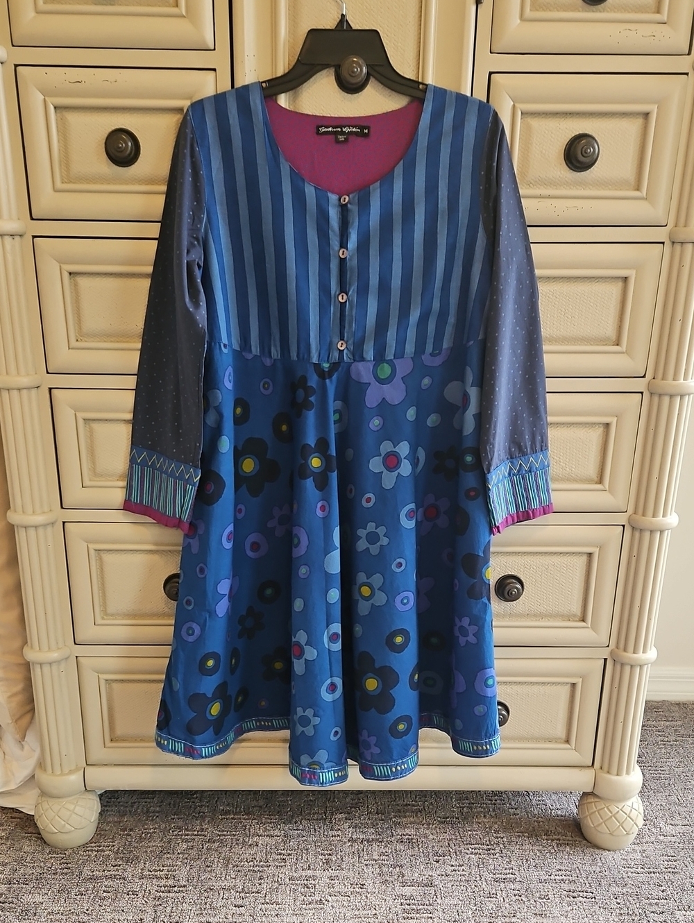Gudrun Sjoden Bess Organic Cotton Stripe Floral Lagenlook Boho Blue Dress Sz. M